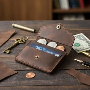 Pode incluir: Uma carteira de couro castanho com fecho de pressão, contendo moedas e um cartão de crédito. A carteira está aberta, revelando o interior. Uma chave, uma caneta e uma nota de dólar também são visíveis.