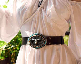 Western Boho Cowgirl Wide Disc Belt Faux Leather Turquoise Concho Waist Belt XZQTIVE Western Belts for Women Vintage Disc Waist Belts  main image 4