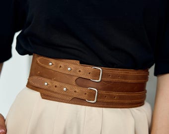 Leather waist belt, Double buckle belt, Leather wide belt, Wide waist belt, Belt for dress, Underbust belt, Plus size belt,Real leather belt