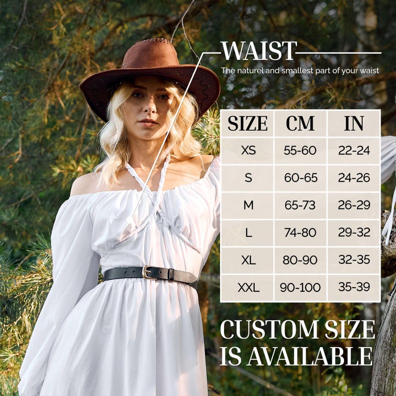 May include: A woman wearing a white off-the-shoulder dress with a black belt and a brown hat. A size chart shows waist measurements in inches and centimeters, with the text "CUSTOM SIZE IS AVAILABLE".
