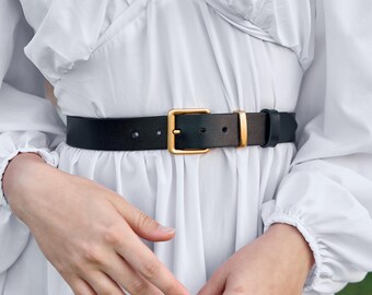 Gold Buckle Belt Women, 80s Style Belt, Leather Waist Belt  display picture 1