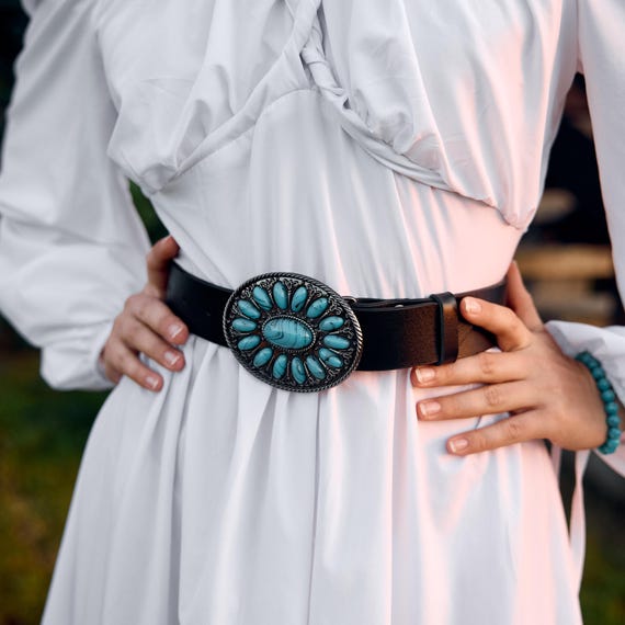 black dress with turquoise belt Thelma Calf Leather Turquoise Belt main image 1