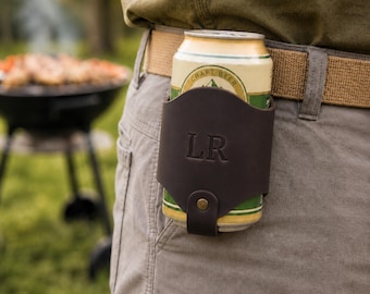 Fondina per birra in pelle personalizzata, marsupio in pelle per lattine di birra, porta lattine di birra da cintura, porta bottiglie di birra, gilet porta bevande, regalo per barbecue per lui