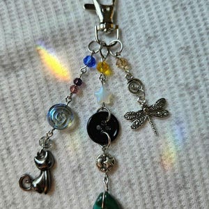 Coraline Inspired Keychain, Handmade Seeing Stone, Dragonfly, Cat Charm, Bag Charms