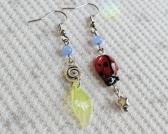Mismatched Whimsy Bug Dangle Earrings: Handmade Forest Fairy Accessory