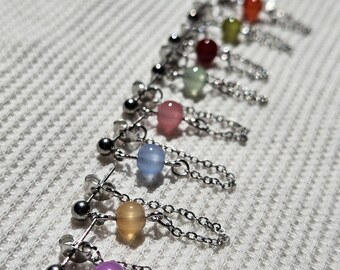Stainless Steel Chain Loop Earrings: Elegant Glass Bead Dangle Stud Earrings