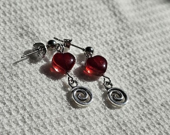Heart Swirl Dangle Earrings: Swirl Moody Red Glass Stainless Steel Ball Post Accessory
