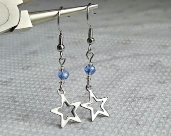 Stainless Steel Star Dangle Earrings, Blue Glass Earrings, Trendy y2k Accessory