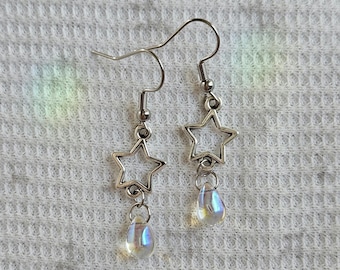 Iridescent Raindrop Star Earrings: Stainless Steel Silver Charm