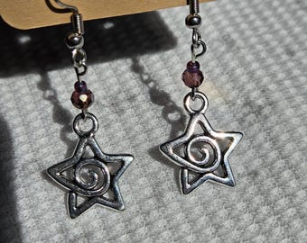 Whimsigoth Dangle Earrings: Swirly Star, Purple Crystal, Silver