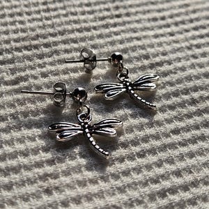 May include: A pair of silver dragonfly stud earrings. Each earring features a detailed dragonfly charm suspended from a small ball stud. The earrings are displayed on a textured, off-white surface, with sunlight casting shadows.
