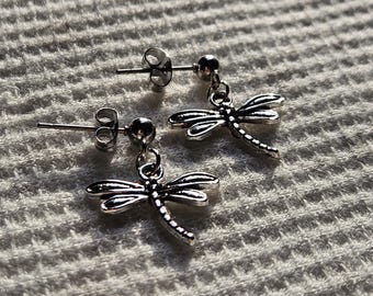 Dragonfly Dangle Earrings, Whimsical Silver Charm Accessory, Ball Post Dangles