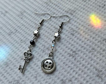 Coraline Inspired Mismatched Earrings: Button & Key Dangle, Glass Beads