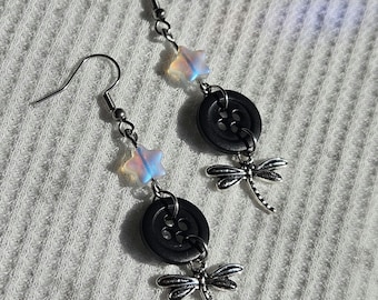 Coraline Inspired Dangle Earrings: Star Button Dragonfly Whimsical Accessory