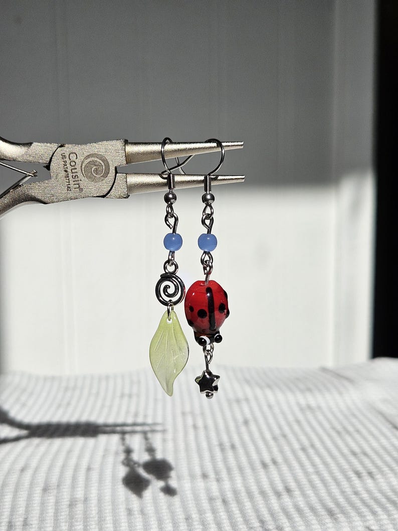 Mismatched Whimsy Bug Dangle Earrings: Handmade Forest Fairy Accessory image 2