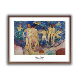 May include: A framed print of Edvard Munch's "Bathing Young Men (1904)". The artwork depicts nude figures in a vibrant, expressionistic style, with a palette of blues, greens, and flesh tones. The frame is a warm brown, complementing the artwork's colors.