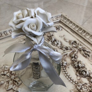 Vintage Roses Oval Glass Perfume Bottle with Ivory Porcelain Roses Stopper *Make Offer*