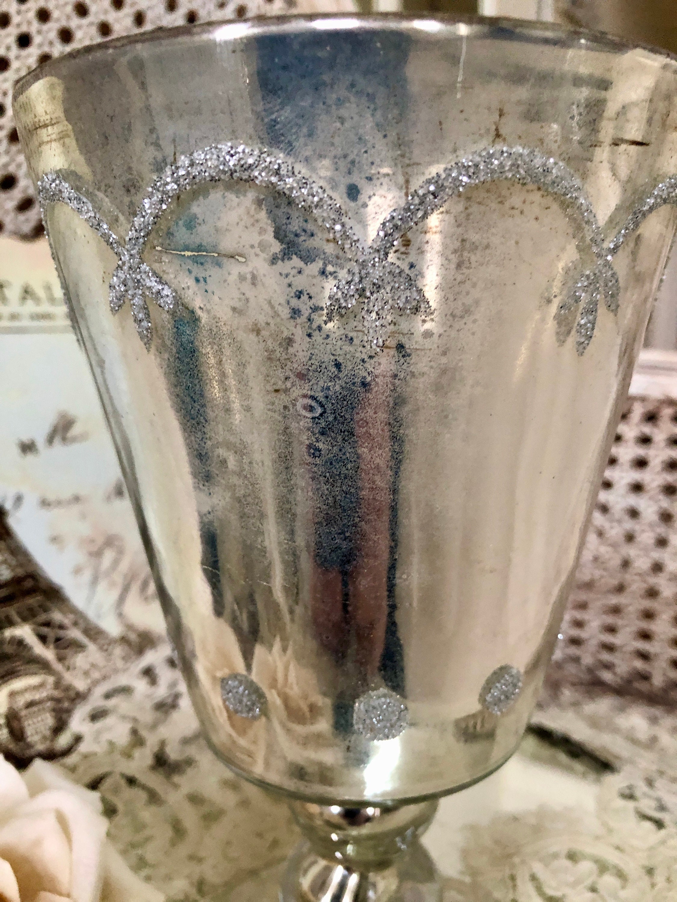 AWESOME Shabby Vintage Mercury Glass Compote Vase With Silver Etsy