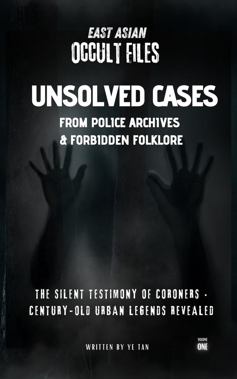 Puede incluir: Portada de libro con el t&iacute;tulo "UNSOLVED CASES" en letras blancas grandes. El libro forma parte de la serie "EAST ASIAN OCCULT FILES" y explora casos de archivos policiales y folclore. La portada presenta un dise&ntilde;o oscuro y misterioso con siluetas de manos.