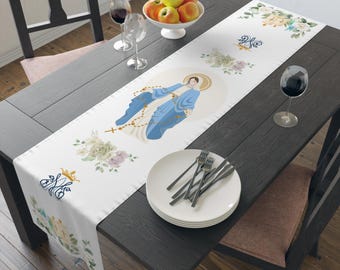 Jungfrau Maria Marian Rosenkranz Tischläufer | Religiöse Tischdekoration