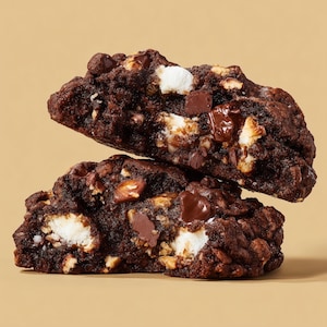 Puede incluir: Dos galletas de chocolate apiladas una encima de la otra. Las galletas son de color marrón oscuro y están rellenas de trozos de chocolate, malvaviscos y nueces. El fondo es de color beige liso.