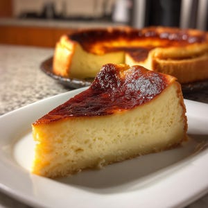 May include: A slice of Basque burnt cheesecake on a white plate, with a whole cheesecake in the background. The cheesecake has a caramelized, dark brown top and a creamy, light yellow interior. The cake is on a dark plate.