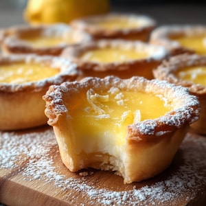 K&ouml;nnte beinhalten: Nahaufnahme mehrerer Mini-Zitronent&ouml;rtchen auf einem Holzbrett, best&auml;ubt mit Puderzucker. Die T&ouml;rtchen haben einen goldbraunen, knusprigen Teig und eine leuchtend gelbe, cremige F&uuml;llung. Aus einem T&ouml;rtchen wurde gebissen.