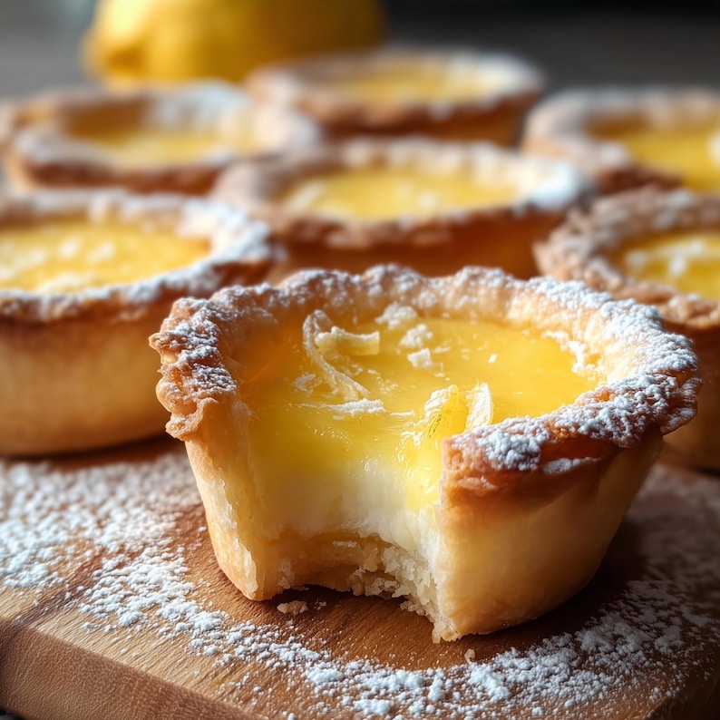 K&ouml;nnte beinhalten: Nahaufnahme mehrerer Mini-Zitronent&ouml;rtchen auf einem Holzbrett, best&auml;ubt mit Puderzucker. Die T&ouml;rtchen haben einen goldbraunen, knusprigen Teig und eine leuchtend gelbe, cremige F&uuml;llung. Aus einem T&ouml;rtchen wurde gebissen.