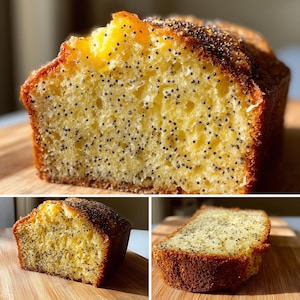 May include: A sliced loaf of lemon poppy seed bread, showcasing a golden-yellow interior speckled with black poppy seeds. The bread sits on a wooden cutting board, with a close-up view of the texture and details.