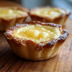 K&ouml;nnte beinhalten: Nahaufnahme von drei goldbraunen Pudding-T&ouml;rtchen mit knusprigem Teig und einer cremigen, gelben F&uuml;llung. Die T&ouml;rtchen sind mit Puderzucker best&auml;ubt und liegen auf einer Holzoberfl&auml;che. Ein k&ouml;stliches Dessert.