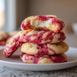 Puede incluir: Una pila de cuatro galletas con un vibrante patrón de remolino rojo sobre una base clara. Una galleta está mordida, revelando un relleno blanco cremoso. Las galletas están dispuestas en un plato blanco, mostrando un delicioso manjar.