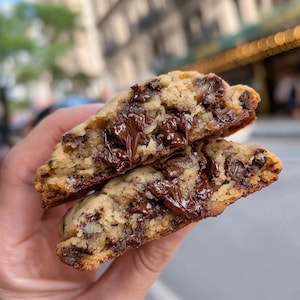 Puede incluir: Primer plano de una galleta con chispas de chocolate cortada por la mitad, revelando un interior suave y masticable lleno de chocolate derretido. La galleta tiene un exterior dorado y se sostiene en una mano. El fondo está borroso.