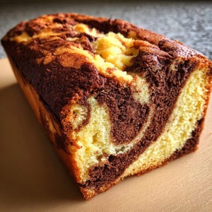 May include: A loaf of marble cake with a swirl pattern of chocolate and vanilla. The cake has a golden-brown crust and a soft, moist interior. The cake is sitting on a light brown surface.