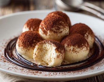 May include: A plate of tiramisu truffles. The creamy, round desserts are dusted with cocoa powder and sit on a dark chocolate sauce. One truffle has a bite taken out of it, revealing the soft interior.