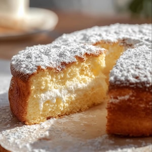 Puede incluir: Un bizcocho con un relleno cremoso y espolvoreado con azúcar glas. El bizcocho tiene una corteza dorada y un interior amarillo claro. Se ha cortado una porción, revelando las capas.