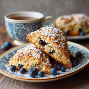 Op de afbeelding: Twee driehoekige bosbessenscones, bestrooid met poedersuiker, liggen op een blauw-wit bord met een patroon, omringd door verse bosbessen. Een kopje thee en een andere scone staan op de achtergrond, wat een ontbijtscène creëert.