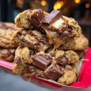 May include: A stack of chocolate chip cookies with caramel and chocolate chunks. The cookies have a soft, golden-brown exterior and are filled with melted caramel and chocolate pieces. The cookies are stacked on a red tray.