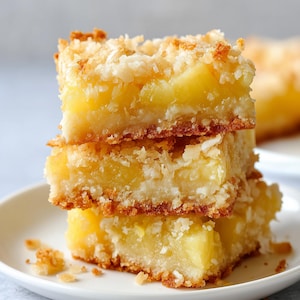 May include: A stack of three pineapple coconut bars on a white plate. The bars have a golden-brown crust, a creamy white filling, and a topping of shredded coconut and crumbs. The yellow pineapple chunks are visible.