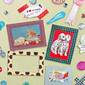 May include: A collection of decorative magnets and frames, including a frame with a kitten image, a frame with two dalmatian puppies, and a frame with a polka dot design. Other items include a blue hair clip, a pink ribbon, and a magnet that says "I ❤️ MY FRIDGE MAGNET PACK!"