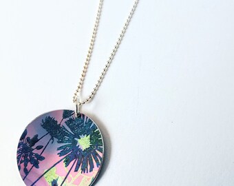 Wildflower daisy pendant, handprint and painted anodised aluminum in pink on sterling silver chain