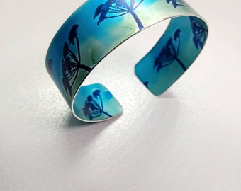 Meadow flower wildflower cuff, handmade anodised aluminium. Cow parsley design, turquoise tones