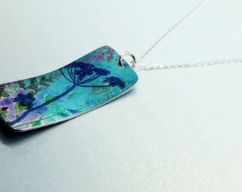 Cow parsley meadow hand painted anodised aluminum pendant on 16" sterling silver chain