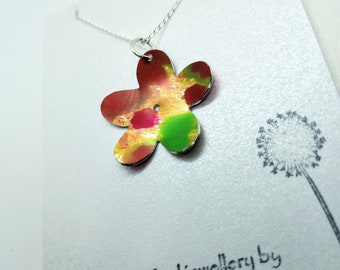 Festival flower pendant, hand painted anodised aluminum on sterling silver 16"chain