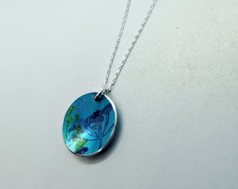 Cow parsley meadow hand painted anodised aluminum necklace in blue on 16" sterling silver chain