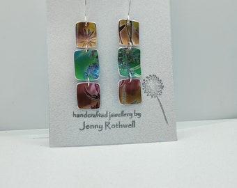 Long drop colourful handpainted earrings, anodised aluminium on sterling silver ear wires