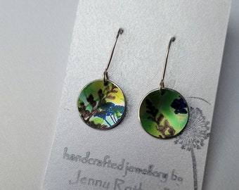 Fern meadow hand painted green anodised aluminum earrings on sterling silver ear wires