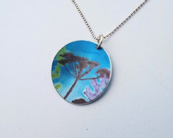 Cow parsley, blue wildflower hand printed and painted anodised aluminium pendant on 16" sterling silver chain