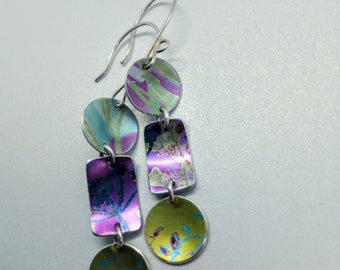 Long triple drop painted wildflower earrings on sterling silver ear wires