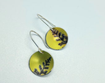 Painted fern earrings, yellow tones. Anodised aluminum on sterling silver ear wires