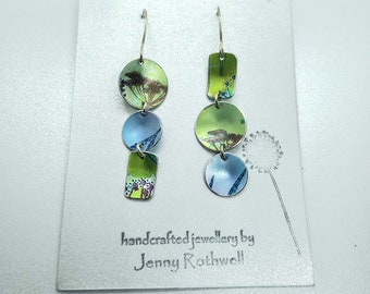 Wildflower cow parsley hand painted anodised aluminium earrings on silver ear wires long drop